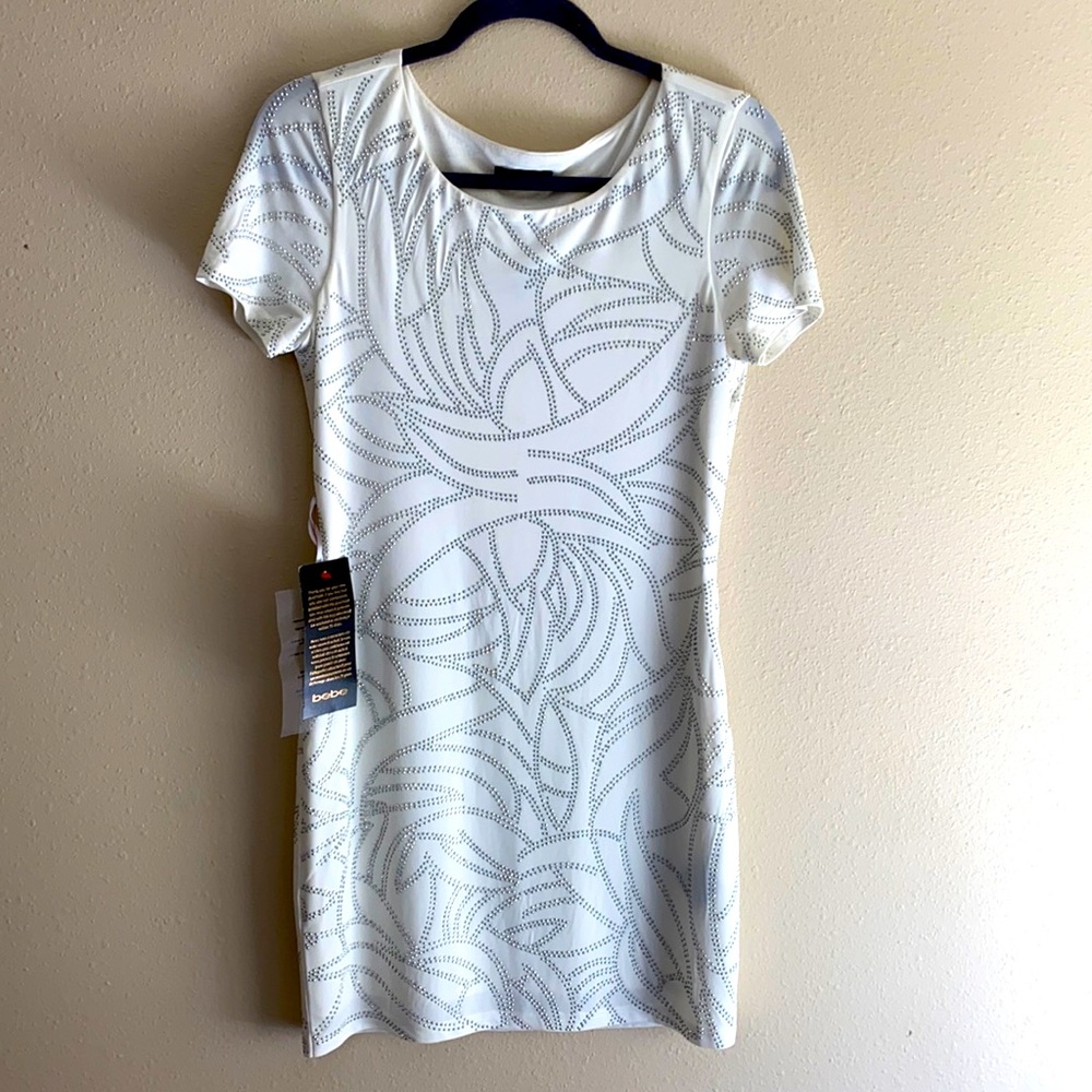 Bebe medium embellished white mini dress